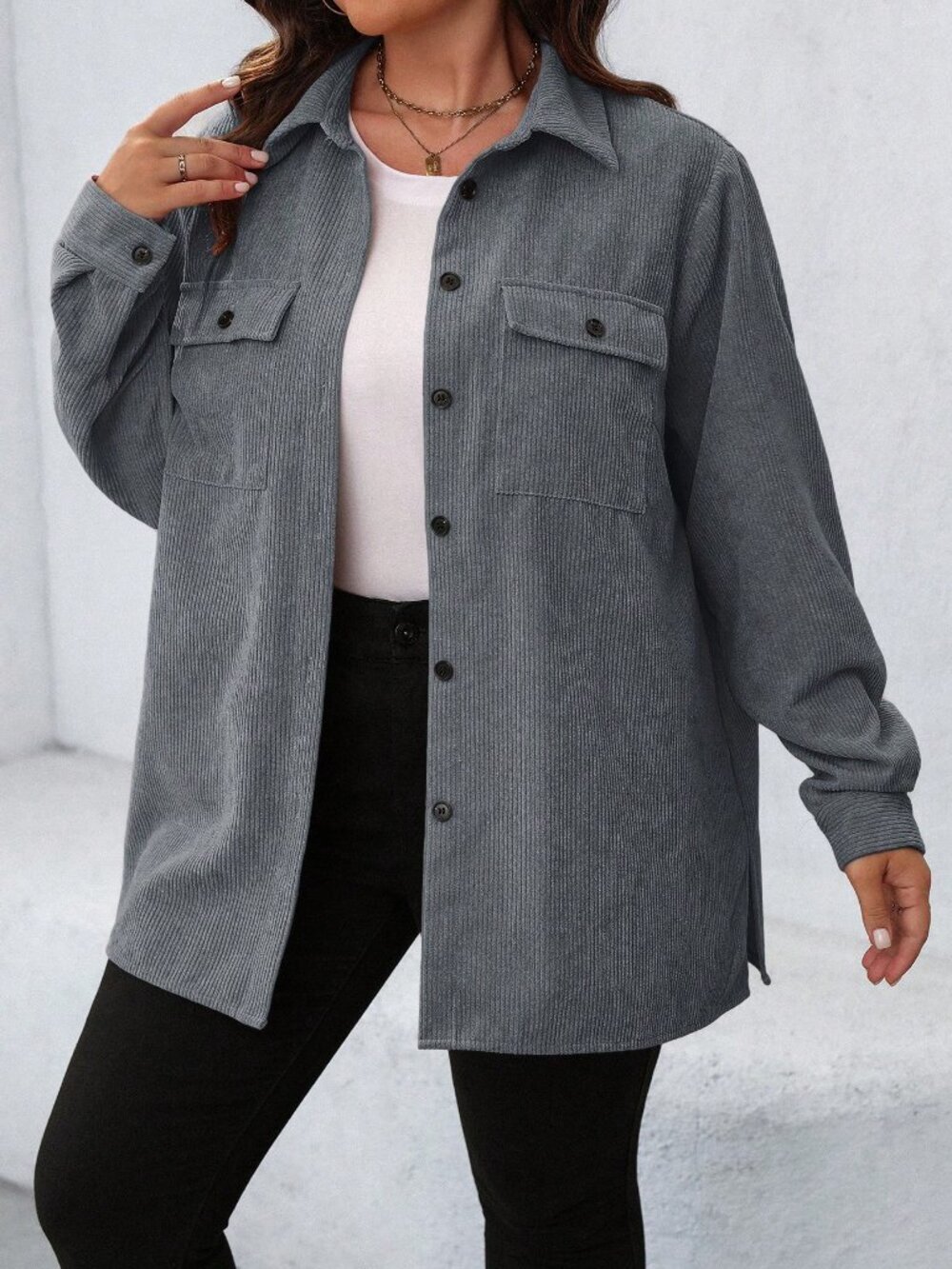 Dark Grey Casual Women's Regular Fit Single-Breasted Shacket